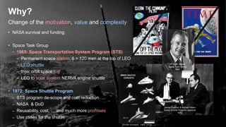 Change of the motivation, value and complexity
Why?
• NASA survival and funding
• Space Task Group
• 1969: Space Transport...