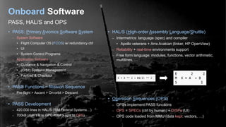 PASS, HAL/S and OPS
Onboard Software
• PASS: Primary Avionics Software System
– System Software
• Flight Computer OS (FCOS...
