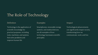 The Role of Technology
Definition
Technology is the application of
scientific knowledge for
practical purposes, including
tools, machines, and systems
that solve problems and
improve human life.
Examples
Smartphones, renewable energy
systems, and medical devices
are all examples of how
technology harnesses scientific
principles.
Impact
Technological advancements
can significantly impact society,
transforming how we
communicate, work, and live.
 