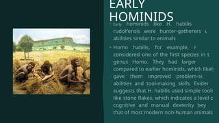 EARLY
HOMINIDS
• Early hominids like H. habilis and H.
rudolfensis were hunter-gatherers with
abilities similar to animals.
• Homo habilis, for example, is often
considered one of the first species in the
genus Homo. They had larger brains
compared to earlier hominids, which likely
gave them improved problem-solving
abilities and tool-making skills. Evidence
suggests that H. habilis used simple tools,
like stone flakes, which indicates a level of
cognitive and manual dexterity beyond
that of most modern non-human animals.
 