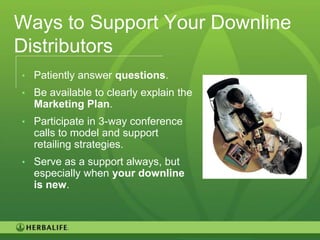 Ways to Support Your Downline
Distributors
• Patiently answer questions.
• Be available to clearly explain the
  Marketing Plan.
• Participate in 3-way conference
  calls to model and support
  retailing strategies.
• Serve as a support always, but
  especially when your downline
  is new.



                                        104
 