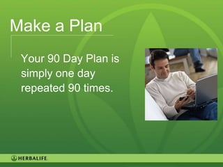 Make a Plan
 Your 90 Day Plan is
 simply one day
 repeated 90 times.




                       120
 