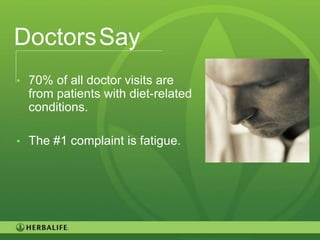 DoctorsSay
• 70% of all doctor visits are
  from patients with diet-related
  conditions.

• The #1 complaint is fatigue.




                                    26
 