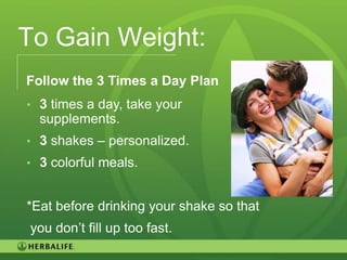 To Gain Weight:
Follow the 3 Times a Day Plan
• 3 times a day, take your
  supplements.
• 3 shakes – personalized.
• 3 colorful meals.


*Eat before drinking your shake so that
you don’t fill up too fast.
                                          29
 