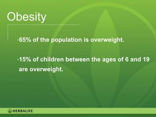 Obesity
 •65% of the population is overweight.


 •15% of children between the ages of 6 and 19
  are overweight.




                                             31
 