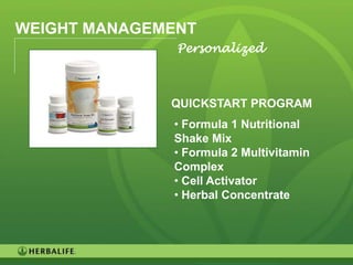 WEIGHT MANAGEMENT
               Personalized



              QUICKSTART PROGRAM
              • Formula 1 Nutritional
              Shake Mix
              • Formula 2 Multivitamin
              Complex
              • Cell Activator
              • Herbal Concentrate




                                         41
 