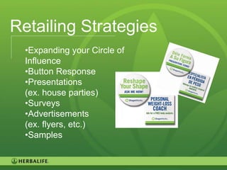 Retailing Strategies
  •Expanding your Circle of
  Influence
  •Button Response
  •Presentations
  (ex. house parties)
  •Surveys
  •Advertisements
  (ex. flyers, etc.)
  •Samples


                              82
 
