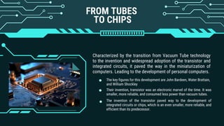 FROM TUBES
TO CHIPS
Characterized by the transition from Vacuum Tube technology
to the invention and widespread adoption of the transistor and
integrated circuits, it paved the way in the miniaturization of
computers. Leading to the development of personal computers.
The key figures for this development are John Bardeen, Water Brattain,
and William Shockley
Their invention, transistor was an electronic marvel of the time. It was
smaller, more reliable, and consumed less power than vacuum tubes.
The invention of the transistor paved way to the development of
integrated circuits or chips, which is an even smaller, more reliable, and
efficient than its predecessor.
 