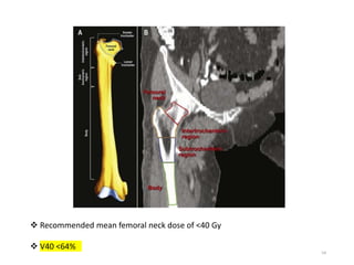 54
 Recommended mean femoral neck dose of <40 Gy
 V40 <64%
 