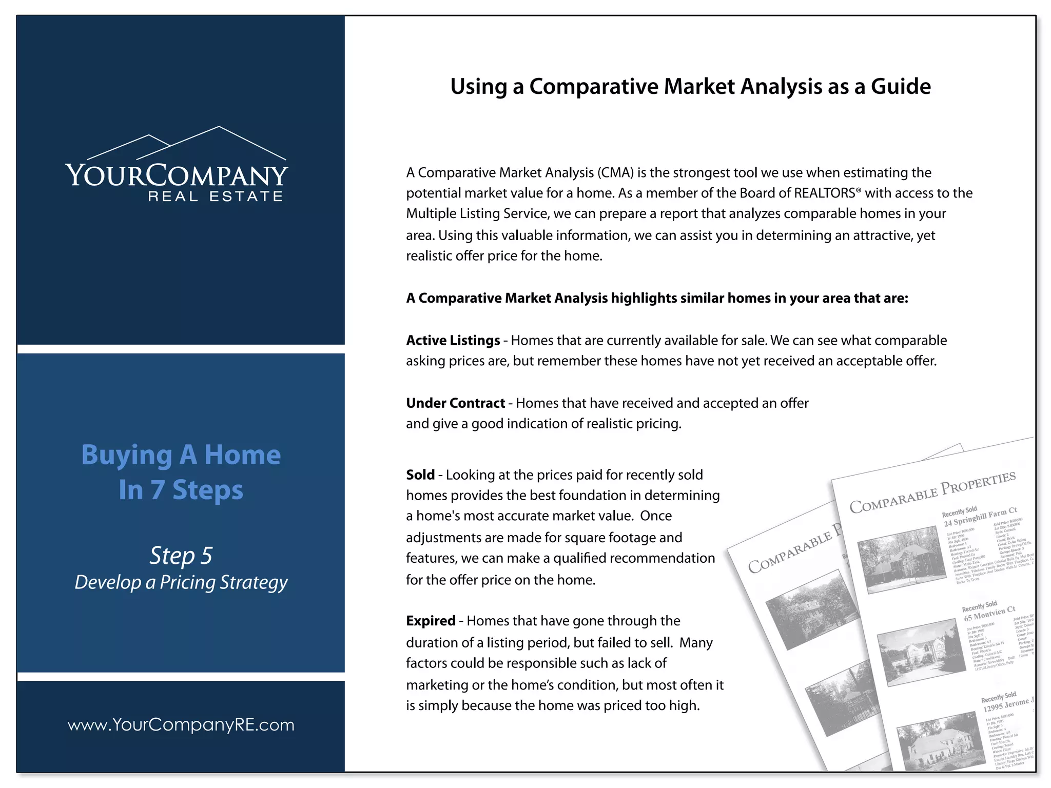 Using a Comparative Market Analysis as a Guide
A Comparative Market Analysis (CMA) is the strongest tool we use when estimating the
potential market value for a home. As a member of the Board of REALTORS® with access to the
Multiple Listing Service, we can prepare a report that analyzes comparable homes in your
area. Using this valuable information, we can assist you in determining an attractive, yet
realistic oﬀer price for the home.
A Comparative Market Analysis highlights similar homes in your area that are:
Active Listings - Homes that are currently available for sale. We can see what comparable
asking prices are, but remember these homes have not yet received an acceptable oﬀer.
Under Contract - Homes that have received and accepted an oﬀer
and give a good indication of realistic pricing.
Sold - Looking at the prices paid for recently sold
homes provides the best foundation in determining
a home's most accurate market value. Once
adjustments are made for square footage and
features, we can make a qualiﬁed recommendation
for the oﬀer price on the home.
Expired - Homes that have gone through the
duration of a listing period, but failed to sell. Many
factors could be responsible such as lack of
marketing or the home’s condition, but most often it
is simply because the home was priced too high.
www.YourCompanyRE.com
Buying A Home
In 7 Steps
Step 5
Develop a Pricing Strategy
 
