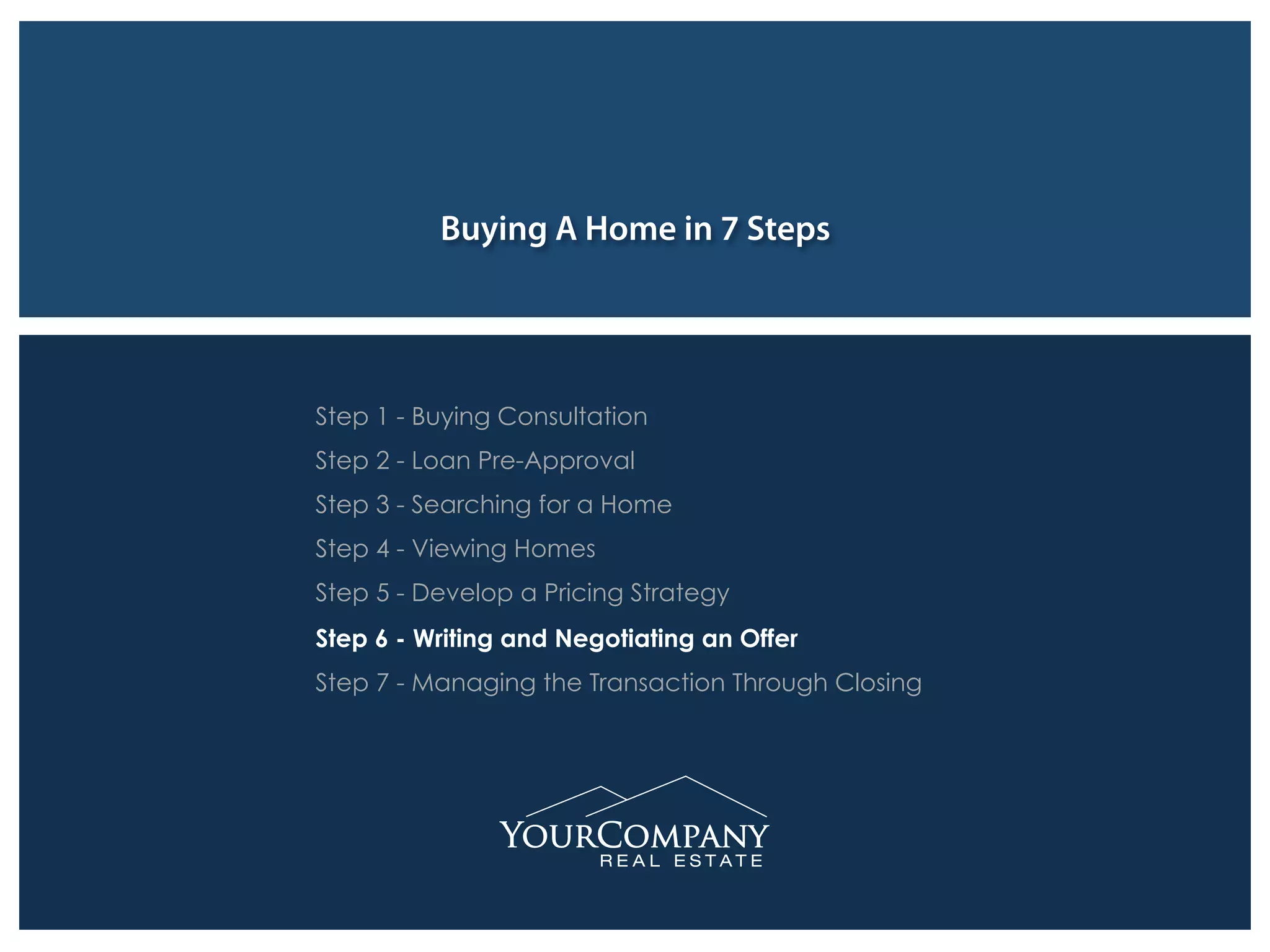 Buying A Home in 7 Steps
Step 1 - Buying Consultation
Step 2 - Loan Pre-Approval
Step 3 - Searching for a Home
Step 4 - Viewing Homes
Step 5 - Develop a Pricing Strategy
Step 6 - Writing and Negotiating an Offer
Step 7 - Managing the Transaction Through Closing
 