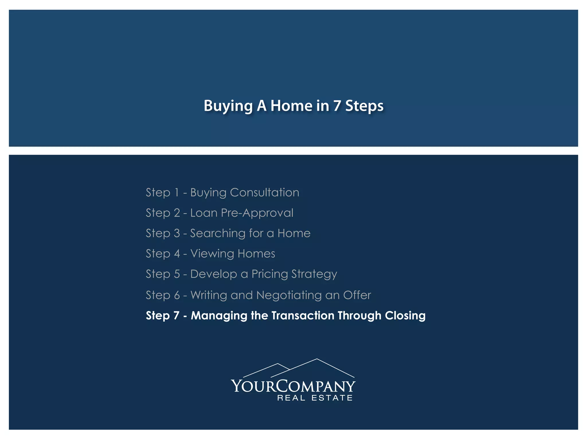 Buying A Home in 7 Steps
Step 1 - Buying Consultation
Step 2 - Loan Pre-Approval
Step 3 - Searching for a Home
Step 4 - Viewing Homes
Step 5 - Develop a Pricing Strategy
Step 6 - Writing and Negotiating an Offer
Step 7 - Managing the Transaction Through Closing
 