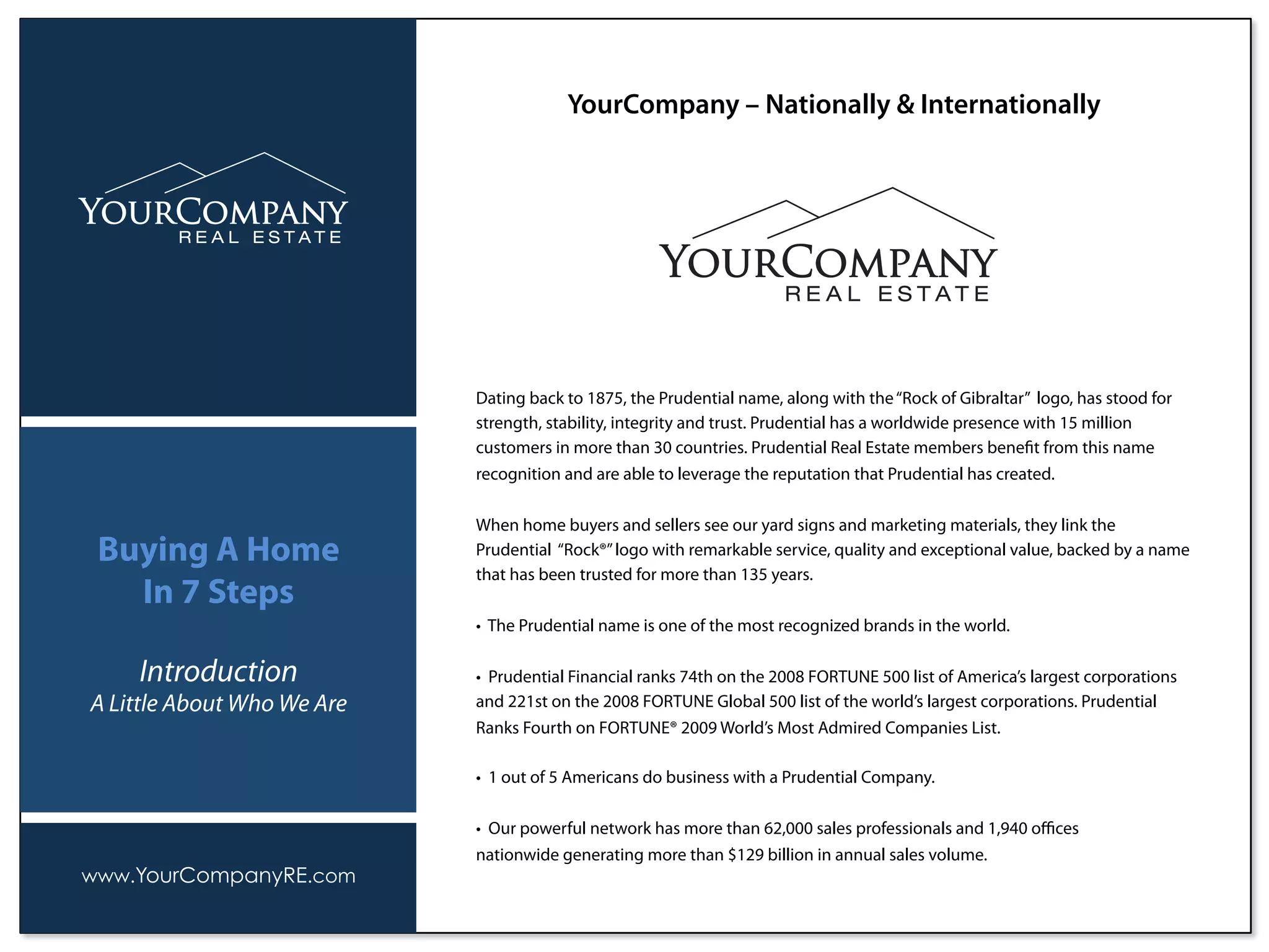 Dating back to 1875, the Prudential name, along with the“Rock of Gibraltar” logo, has stood for
strength, stability, integrity and trust. Prudential has a worldwide presence with 15 million
customers in more than 30 countries. Prudential Real Estate members beneﬁt from this name
recognition and are able to leverage the reputation that Prudential has created.
When home buyers and sellers see our yard signs and marketing materials, they link the
Prudential “Rock®”logo with remarkable service, quality and exceptional value, backed by a name
that has been trusted for more than 135 years.
• The Prudential name is one of the most recognized brands in the world.
• Prudential Financial ranks 74th on the 2008 FORTUNE 500 list of America’s largest corporations
and 221st on the 2008 FORTUNE Global 500 list of the world’s largest corporations. Prudential
Ranks Fourth on FORTUNE® 2009 World’s Most Admired Companies List.
• 1 out of 5 Americans do business with a Prudential Company.
• Our powerful network has more than 62,000 sales professionals and 1,940 oﬃces
nationwide generating more than $129 billion in annual sales volume.
YourCompany – Nationally & Internationally
www.YourCompanyRE.com
Buying A Home
In 7 Steps
Introduction
A Little About Who We Are
 