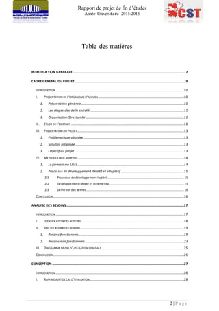 Rapport de projet de fin d’études
Année Universitaire 2015/2016
2 | P a g e
Table des matières
INTRODUCTION GENERALE........................................................................................................................................7
CADRE GENERAL DU PROJET......................................................................................................................................9
INTRODUCTION...........................................................................................................................................................10
I. PRESENTATION DEL’ORGANISMED’ACCUEIL.......................................................................................................10
1. Présentation générale............................................................................................................................10
2. Les étapes clés de la société .................................................................................................................11
3. Organisation Structurelle ......................................................................................................................11
II. ETUDEDEL’EXISTANT ........................................................................................................................................12
III. PRESENTATION DU PROJET.................................................................................................................................13
1. Problématique abordée .........................................................................................................................13
2. Solution proposée ...................................................................................................................................13
3. Objectif du projet....................................................................................................................................13
IV. METHODOLOGIEADOPTEE.................................................................................................................................14
1. Le formalisme UML ................................................................................................................................14
2. Processus de développement itératif et adaptatif............................................................................15
2.1 Processus de développement logiciel............................................................................................. 15
2.2 Développement itératif et incrémental.......................................................................................... 15
2.3 Définition des termes...................................................................................................................... 16
CONCLUSION..............................................................................................................................................................16
ANALYSE DES BESOINS..............................................................................................................................................17
INTRODUCTION...........................................................................................................................................................17
I. IDENTIFICATION DES ACTEURS ............................................................................................................................18
II. SPECIFICATIONS DES BESOINS.............................................................................................................................19
1. Besoins fonctionnels...............................................................................................................................19
2. Besoins non fonctionnels .......................................................................................................................23
III. DIAGRAMMEDECAS D’UTILISATION GENERALE ...................................................................................................25
CONCLUSION..............................................................................................................................................................26
CONCEPTION ...............................................................................................................................................................27
INTRODUCTION...........................................................................................................................................................28
I. RAFFINEMENTDECAS D’UTILISATION..................................................................................................................28
 