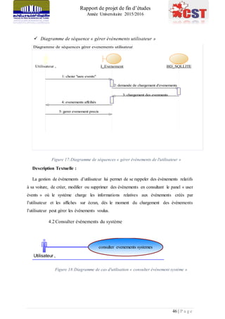 Rapport de projet de fin d’études
Année Universitaire 2015/2016
46 | P a g e
 Diagramme de séquence « gérer évènements utilisateur »
Figure 17:Diagramme de séquences « gérer évènements de l'utilisateur »
Description Textuelle :
La gestion de évènements d’utilisateur lui permet de se rappeler des évènements relatifs
à sa voiture, de créer, modifier ou supprimer des évènements en consultant le panel « user
évents » où le système charge les informations relatives aux évènements créés par
l’utilisateur et les affiches sur écran, dès le moment du chargement des évènements
l’utilisateur peut gérer les événements voulus.
4.2Consulter évènements du système
Figure 18:Diagramme de cas d'utilisation « consulter évènement système »
Diagramme de séquences gérer evenements utilisateur
5: gerer evenement precis
4: evenements affcihés
3: chargement des evenments
2: demande de chargement d'evenements
1: choisr "usre events"
Utilisateur , I_Evenement BD_SQLLITE
5: gerer evenement precis
4: evenements affcihés
3: chargement des evenments
2: demande de chargement d'evenements
1: choisr "usre events"
Utilisateur ,
consulter evenements systemes
 