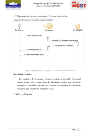 Rapport de projet de fin d’études
Année Universitaire 2015/2016
48 | P a g e
 Diagramme de séquence « consulter évènements du système »
Figure 19:Diagramme de séquences « consulter évènements system »
Description Textuelle :
La consultation des évènements crée par le système est accessible via le panel
« system events » où le système charge les informations relatives aux évènements
auto-générés et les affiches sur écran, dès le moment du chargement des évènements
l’utilisateur peut consulter les événements voulus.
5. Gérer préférences
Diagramme de séquences "consulter evenements systemes"
5: consulter evenement precis
4: evenements affcihés
3: chargement des evenments
2: demande de chargement d'evenements
1: choisr "system events"
Utilisateur , I_Evenement BD_SQLLITE
5: consulter evenement precis
4: evenements affcihés
3: chargement des evenments
2: demande de chargement d'evenements
1: choisr "system events"
 