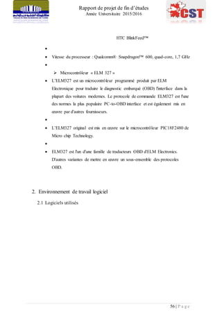 Rapport de projet de fin d’études
Année Universitaire 2015/2016
56 | P a g e
HTC BlinkFeed™

 Vitesse du processeur : Qualcomm® Snapdragon™ 600, quad-core, 1,7 GHz

 Microcontrôleur « ELM 327 »
 L’ELM327 est un microcontrôleur programmé produit par ELM
Electronique pour traduire le diagnostic embarqué (OBD) l'interface dans la
plupart des voitures modernes. Le protocole de commande ELM327 est l'une
des normes la plus populaire PC-to-OBD interface et est également mis en
œuvre par d'autres fournisseurs.

 L’ELM327 original est mis en œuvre sur le microcontrôleur PIC18F2480 de
Micro chip Technology.

 ELM327 est l'un d'une famille de traducteurs OBD d'ELM Electronics.
D'autres variantes de mettre en œuvre un sous-ensemble des protocoles
OBD.
2. Environnement de travail logiciel
2.1 Logiciels utilisés
 