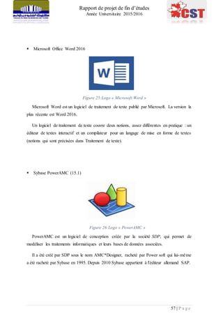 Rapport de projet de fin d’études
Année Universitaire 2015/2016
57 | P a g e
 Microsoft Office Word 2016
Figure 25:Logo « Microsoft Word »
Microsoft Word est un logiciel de traitement de texte publié par Microsoft. La version la
plus récente est Word 2016.
Un logiciel de traitement de texte couvre deux notions, assez différentes en pratique : un
éditeur de textes interactif et un compilateur pour un langage de mise en forme de textes
(notions qui sont précisées dans Traitement de texte).
 Sybase PowerAMC (15.1)
Figure 26:Logo « PowerAMC »
PowerAMC est un logiciel de conception créée par la société SDP, qui permet de
modéliser les traitements informatiques et leurs bases de données associées.
Il a été créé par SDP sous le nom AMC*Designer, racheté par Power soft qui lui-même
a été racheté par Sybase en 1995. Depuis 2010 Sybase appartient à l'éditeur allemand SAP.
 