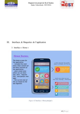 Rapport de projet de fin d’études
Année Universitaire 2015/2016
65 | P a g e
III. Interfaces & Maquettes de l’application
3. Interface « Home »
Figure 42:Interface « Menu principal »
 
