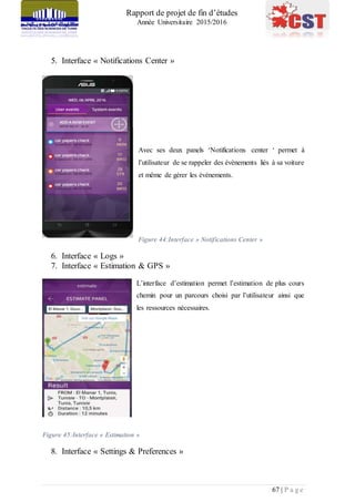Rapport de projet de fin d’études
Année Universitaire 2015/2016
67 | P a g e
5. Interface « Notifications Center »
Avec ses deux panels ‘Notifications center ‘ permet à
l’utilisateur de se rappeler des évènements liés à sa voiture
et même de gérer les évènements.
Figure 44:Interface » Notifications Center »
6. Interface « Logs »
7. Interface « Estimation & GPS »
L’interface d’estimation permet l’estimation de plus cours
chemin pour un parcours choisi par l’utilisateur ainsi que
les ressources nécessaires.
Figure 45:Interface « Estimation »
8. Interface « Settings & Preferences »
 