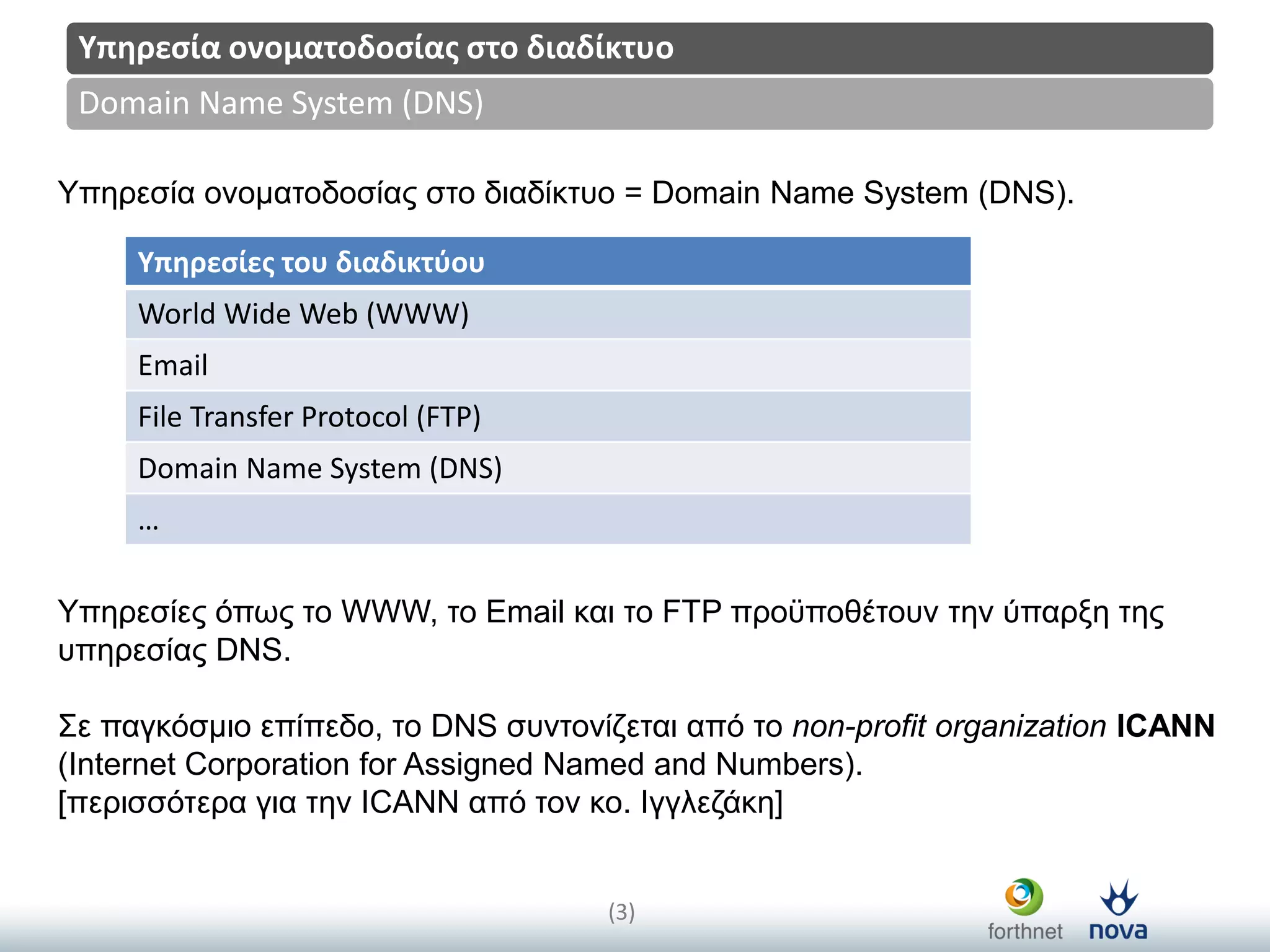Title
(3)
Domain Name System (DNS)
Υπηρεςία ονοματοδοςίασ ςτο διαδίκτυο
Υπεξεζία νλνκαηνδνζίαο ζην δηαδίθηπν = Domain Name System (DNS).
Υπεξεζίεο όπωο ην WWW, ην Email θαη ην FTP πξνϋπνζέηνπλ ηελ ύπαξμε ηεο
ππεξεζίαο DNS.
Σε παγθόζκην επίπεδν, ην DNS ζπληνλίδεηαη από ην non-profit organization ICANN
(Internet Corporation for Assigned Named and Numbers).
[πεξηζζόηεξα γηα ηελ ICANN από ηνλ θν. Ιγγιεδάθε]
Υπηρεςίεσ του διαδικτφου
World Wide Web (WWW)
Email
File Transfer Protocol (FTP)
Domain Name System (DNS)
…
 