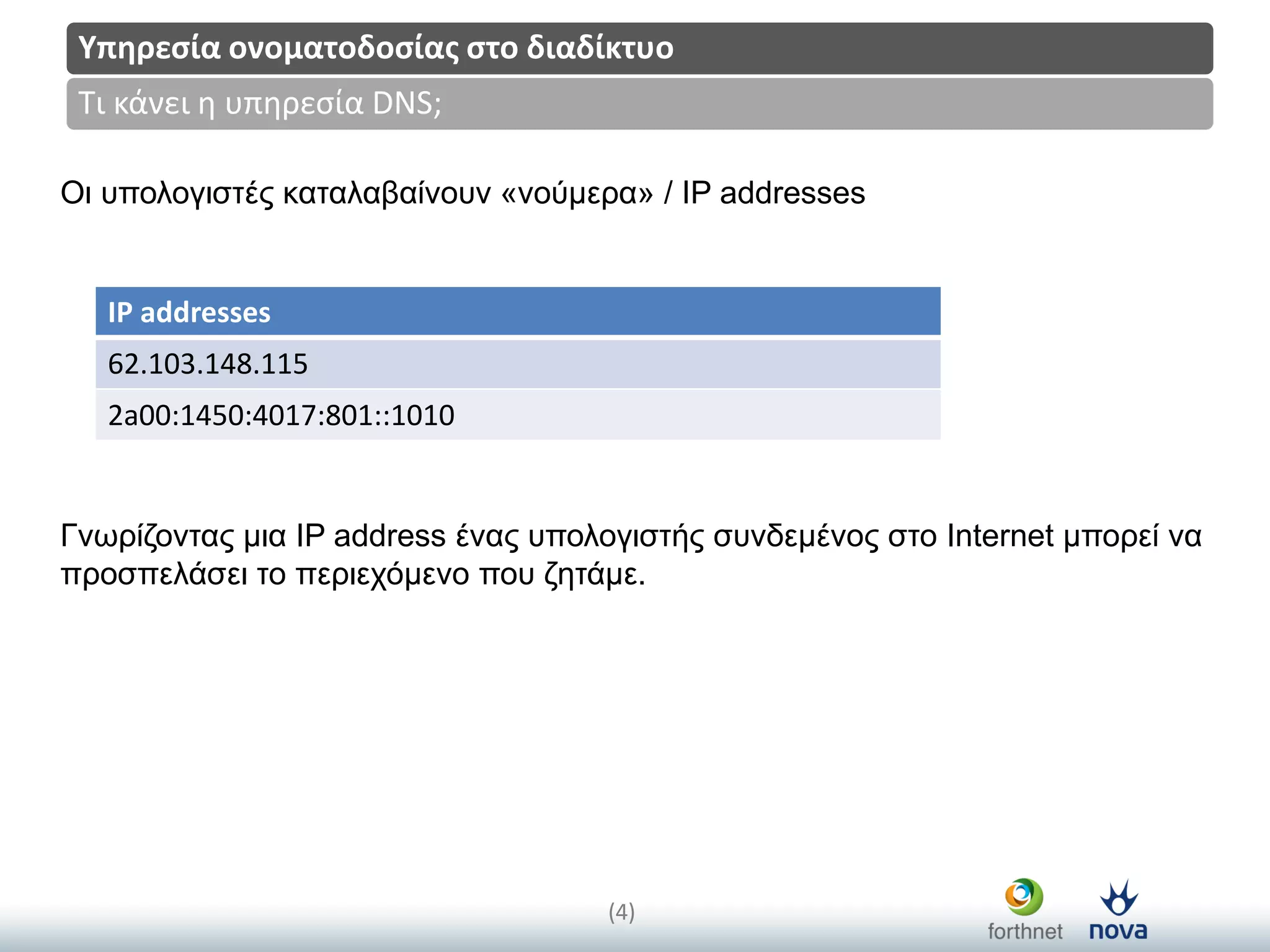 Title
(4)
Τι κάνει η υπηρεςία DNS;
Υπηρεςία ονοματοδοςίασ ςτο διαδίκτυο
Οη ππνινγηζηέο θαηαιαβαίλνπλ «λνύκεξα» / IP addresses
Γλωξίδνληαο κηα IP address έλαο ππνινγηζηήο ζπλδεκέλνο ζην Internet κπνξεί λα
πξνζπειάζεη ην πεξηερόκελν πνπ δεηάκε.
IP addresses
62.103.148.115
2a00:1450:4017:801::1010
 