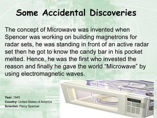 The concept of Microwave was invented when
Spencer was working on building magnetrons for
radar sets, he was standing in front of an active radar
set then he got to know the candy bar in his pocket
melted. Hence, he was the first who invested the
reason and finally he gave the world “Microwave” by
using electromagnetic waves.
Year: 1945
Country: United States of America
Scientist: Percy Spencer
Some Accidental Discoveries
 