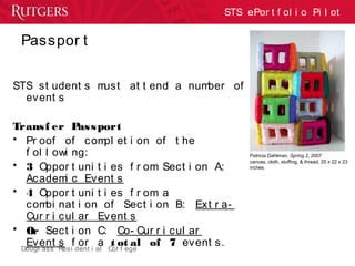 Dougl ass Resi dent i al Col l ege
STS ePor t f ol i o Pi l ot
Passpor t
STS st udent s must at t end a number of
event s
Transf er Passport
• Pr oof of compl et i on of t he
f ol l owi ng:
• 3 Oppor t uni t i es f r om Sect i on A:
Academi c Event s
• 4 Oppor t uni t i es f r om a
combi nat i on of Sect i on B: Ext r a-
Cur r i cul ar Event s
• Or Sect i on C: Co- Cur r i cul ar
Event s f or a t ot al of 7 event s.
Patricia Dahlman, Spring 2, 2007
canvas, cloth, stuffing, & thread, 25 x 22 x 23
inches
 