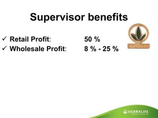 Supervisor benefits Retail Profit :  50 % Wholesale Profit :  8 % - 25 % 