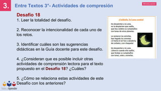 Mineducación
Entre Textos 3°- Actividades de compresión
3.
Desafío 18
1. Leer la totalidad del desafío.
2. Reconocer la intencionalidad de cada uno de
los retos.
3. Identificar cuáles son las sugerencias
didácticas en la Guía docente para este desafío.
4. ¿Consideran que es posible incluir otras
actividades de comprensión lectora para el texto
propuesto en el Desafío 18? ¿Cuáles?
5. ¿Cómo se relaciona estas actividades de este
Desafío con los anteriores?
 