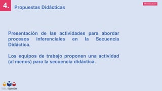 Mineducación
Propuestas Didácticas
4.
Presentación de las actividades para abordar
procesos inferenciales en la Secuencia
Didáctica.
Los equipos de trabajo proponen una actividad
(al menos) para la secuencia didáctica.
 