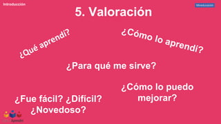 Mineducación
Introducción
5. Valoración
¿Fue fácil? ¿Difícil?
¿Novedoso?
¿Cómo lo puedo
mejorar?
¿Para qué me sirve?
 