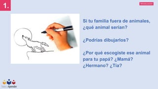 Mineducación
1.
Si tu familia fuera de animales,
¿qué animal serían?
¿Podrías dibujarlos?
¿Por qué escogiste ese animal
para tu papá? ¿Mamá?
¿Hermano? ¿Tía?
 