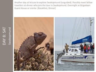 DAY 8: SAT 
Swakopmund 
Another day at leisure to explore Swakopmund (unguided). Possibly meet fellow 
travellers at dinner who join the tour in Swakopmund. Overnight at Brigadoon 
Guest House or similar. [Breakfast, Dinner] 
 