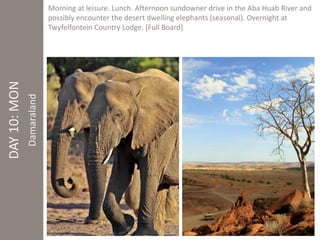 DAY 10: MON 
Damaraland 
Morning at leisure. Lunch. Afternoon sundowner drive in the Aba Huab River and 
possibly encounter the desert dwelling elephants (seasonal). Overnight at 
Twyfelfontein Country Lodge. [Full Board] 
 