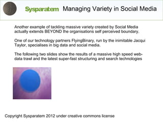 Sysparatem Managing Variety in Social Media

    Another example of tackling massive variety created by Social Media
    actually extends BEYOND the organisations self perceived boundary.

    One of our technology partners FlyingBinary, run by the inimitable Jacqui
    Taylor, specialises in big data and social media.

    The following two slides show the results of a massive high speed web-
    data trawl and the latest super-fast structuring and search technologies




Copyright Sysparatem 2012 under creative commons license
 