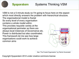 Sysparatem              Systems Thinking VSM

VSM is not a 5 minute study so I'm going to focus here on the aspect
which most directly answers the problem with hierarchical structure.
The organisational model is fractal
So every level of every organisation
contains a whole model within.
This provides requisite variety at the
organisational perimeter as there are
always local instances of Governance etc.
Power is distributed but also coordinated.
This framework let me see how large
organisations could work to achieve
common aims



                                    See “The Fractal Organisation” by Patrick Hoverstadt

Copyright Sysparatem 2012 under creative commons license
 
