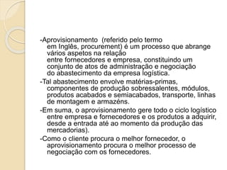 -Aprovisionamento (referido pelo termo
em Inglês, procurement) é um processo que abrange
vários aspetos na relação
entre fornecedores e empresa, constituindo um
conjunto de atos de administração e negociação
do abastecimento da empresa logística.
-Tal abastecimento envolve matérias-primas,
componentes de produção sobressalentes, módulos,
produtos acabados e semiacabados, transporte, linhas
de montagem e armazéns.
-Em suma, o aprovisionamento gere todo o ciclo logístico
entre empresa e fornecedores e os produtos a adquirir,
desde a entrada até ao momento da produção das
mercadorias).
-Como o cliente procura o melhor fornecedor, o
aprovisionamento procura o melhor processo de
negociação com os fornecedores.
 