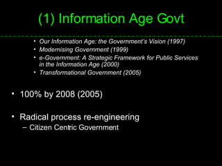 (1) Information Age Govt Our Information Age: the Government’s Vision (1997) Modernising Government (1999) e-Government: A Strategic Framework for Public Services  in the Information Age  (2000) Transformational Government (2005) 100% by 2008 (2005) Radical process re-engineering Citizen Centric Government 