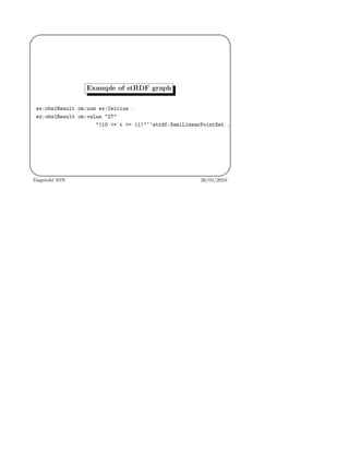 '
&
$
%
Example of stRDF graph
ex:obs1Result om:uom ex:Celcius .
ex:obs1Result om:value "27"
"(10 <= t <= 11)"^^strdf:SemiLinearPointSet .
Dagstuhl SSN 26/01/2010
 
