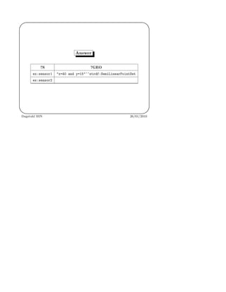 '
&
$
%
Answer
?S ?GEO
ex:sensor1 "x=40 and y=15"^^strdf:SemiLinearPointSet
ex:sensor2
Dagstuhl SSN 26/01/2010
 