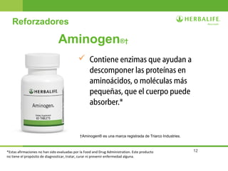 12
Aminogen®†
 Contiene enzimas que ayudan a
descomponer las proteínas en
aminoácidos, o moléculas más
pequeñas, que el cuerpo puede
absorber.*
†Aminogen® es una marca registrada de Triarco Industries.
Reforzadores
*Estas afirmaciones no han sido evaluadas por la Food and Drug Administration. Este producto
no tiene el propósito de diagnosticar, tratar, curar ni prevenir enfermedad alguna.
 