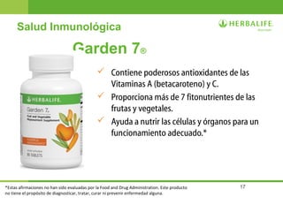 17
Salud Inmunológica
Garden 7®
 Contiene poderosos antioxidantes de las
Vitaminas A (betacaroteno) y C.
 Proporciona más de 7 fitonutrientes de las
frutas y vegetales.
 Ayuda a nutrir las células y órganos para un
funcionamiento adecuado.*
*Estas afirmaciones no han sido evaluadas por la Food and Drug Administration. Este producto
no tiene el propósito de diagnosticar, tratar, curar ni prevenir enfermedad alguna.
 