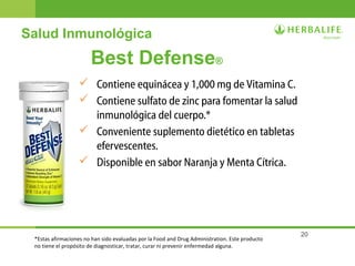 20
Best Defense®
 Contiene equinácea y 1,000 mg de Vitamina C.
 Contiene sulfato de zinc para fomentar la salud
inmunológica del cuerpo.*
 Conveniente suplemento dietético en tabletas
efervescentes.
 Disponible en sabor Naranja y Menta Cítrica.
Salud Inmunológica
*Estas afirmaciones no han sido evaluadas por la Food and Drug Administration. Este producto
no tiene el propósito de diagnosticar, tratar, curar ni prevenir enfermedad alguna.
 