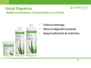 22
Salud Digestiva
Sábila Instantánea, Concentrado y en Polvo
 Calma el estómago.
 Alivia la indigestión ocasional.
 Apoya la absorción de nutrientes.
 