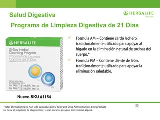 25
Programa de Limpieza Digestiva de 21 Días
 Fórmula AM – Contiene cardo lechero,
tradicionalmente utilizado para apoyar al
hígado en la eliminación natural de toxinas del
cuerpo.*
 Fórmula PM – Contiene diente de león,
tradicionalmente utilizado para apoyar la
eliminación saludable.
Nuevo SKU #1154
Salud Digestiva
*Estas afirmaciones no han sido evaluadas por la Food and Drug Administration. Este producto
no tiene el propósito de diagnosticar, tratar, curar ni prevenir enfermedad alguna.
 