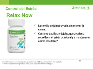 33
Control del Estrés
Relax Now
 La semilla de jujube ayuda a mantener la
calma.
 Contiene pasiflora y jujube, que ayudan a
sobrellevar el estrés ocasional y a mantener un
ánimo saludable*
*Estas afirmaciones no han sido evaluadas por la Food and Drug Administration. Este producto
no tiene el propósito de diagnosticar, tratar, curar ni prevenir enfermedad alguna.
 