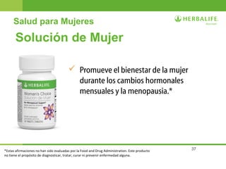 37
Salud para Mujeres
Solución de Mujer
 Promueve el bienestar de la mujer
durante los cambios hormonales
mensuales y la menopausia.*
*Estas afirmaciones no han sido evaluadas por la Food and Drug Administration. Este producto
no tiene el propósito de diagnosticar, tratar, curar ni prevenir enfermedad alguna.
 