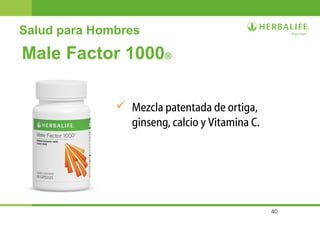 40
Salud para Hombres
Male Factor 1000®
 Mezcla patentada de ortiga,
ginseng, calcio y Vitamina C.
 