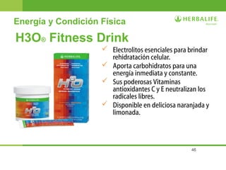 46
Energía y Condición Física
H3O® Fitness Drink
 Electrolitos esenciales para brindar
rehidratación celular.
 Aporta carbohidratos para una
energía inmediata y constante.
 Sus poderosas Vitaminas
antioxidantes C y E neutralizan los
radicales libres.
 Disponible en deliciosa naranjada y
limonada.
 